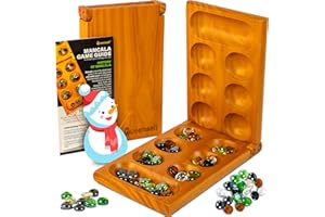 QUEENSELL Mancala Board Game with Magnetic Lock – Classic 2-Player Folding Game – Wooden Mancala Set with 56 Glass Pebbles – Mancala Game for Kids and Adults