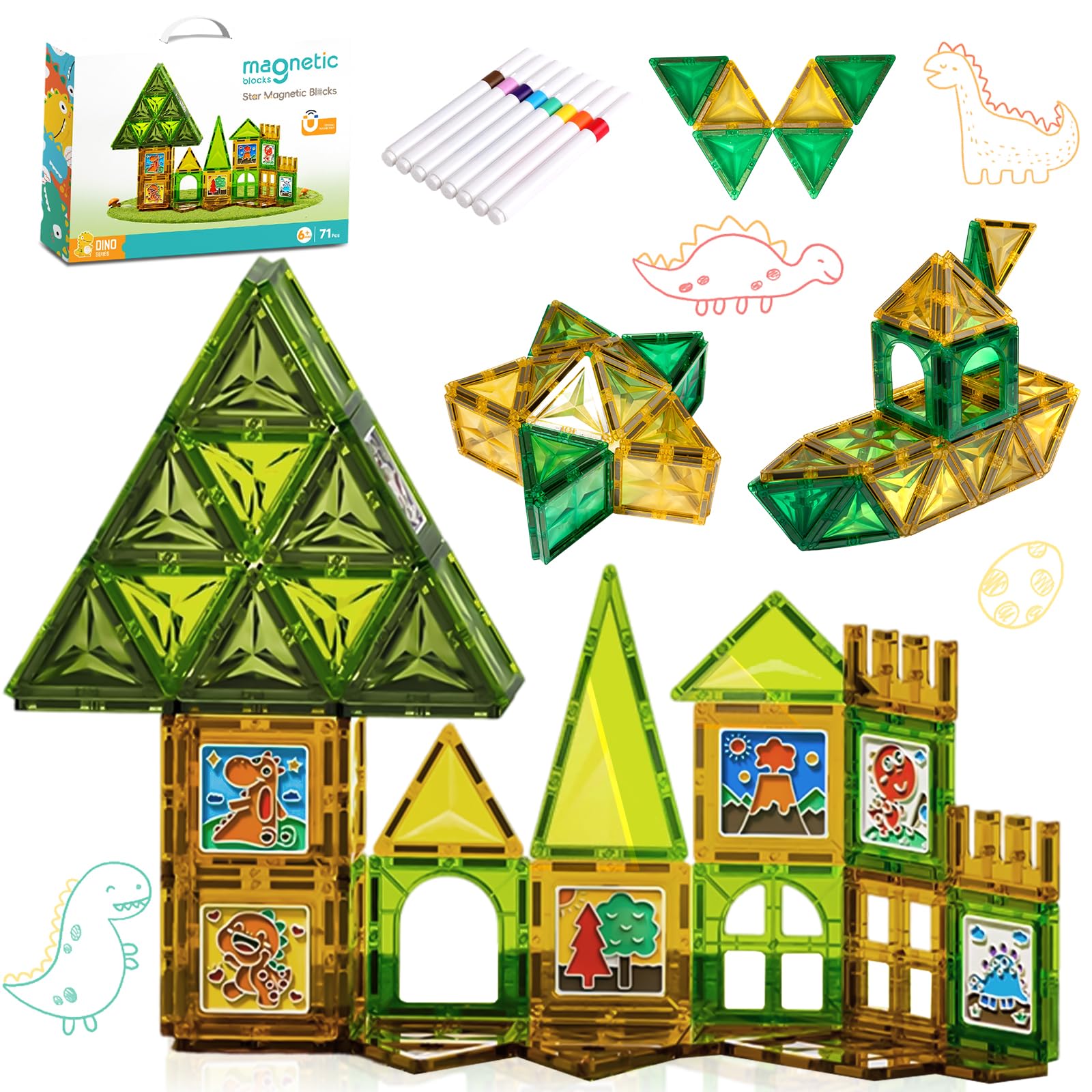 Riswistoy Magnetic Tiles Building Blocks Sensory Toys STEM Kids Games Magnet Building Toys for Boys and Girls Aged 3+ Preschool Kindergarten Toddler Toys for Kids Brain Development (71 PCS)