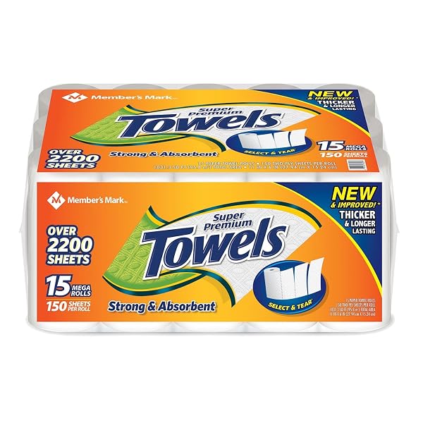 MEMBER’S MARK SUPER PREMIUM PAPER TOWELS, 15 ROLLS, 150 SHEETS PER ROLL