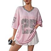 SOLY HUX Jersey Shirts for Women Y2k Graphic Number Oversized Tees V Neck Half Sleeve Cute Soccer Streetwear T Shirt Tops