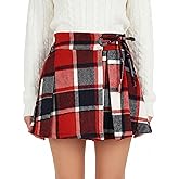 AURUZA Women's Plaid Pleated Mini Skirt with Built-in Shorts High Waist Wool A-Line Tie Skirts Casual Fall Winter