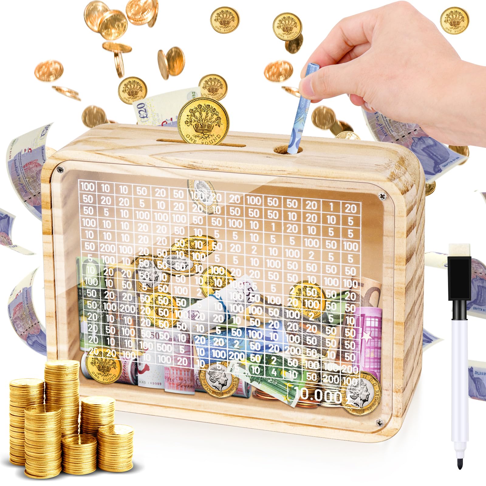 Homgaty Wooden Money Box Savings Box Transparent for Adults,Savings Challenge Box Coin Bank 10000 Pounds with Erasable Pen and Acrylic Board Counting Money Box for Adult, Boys, Girls