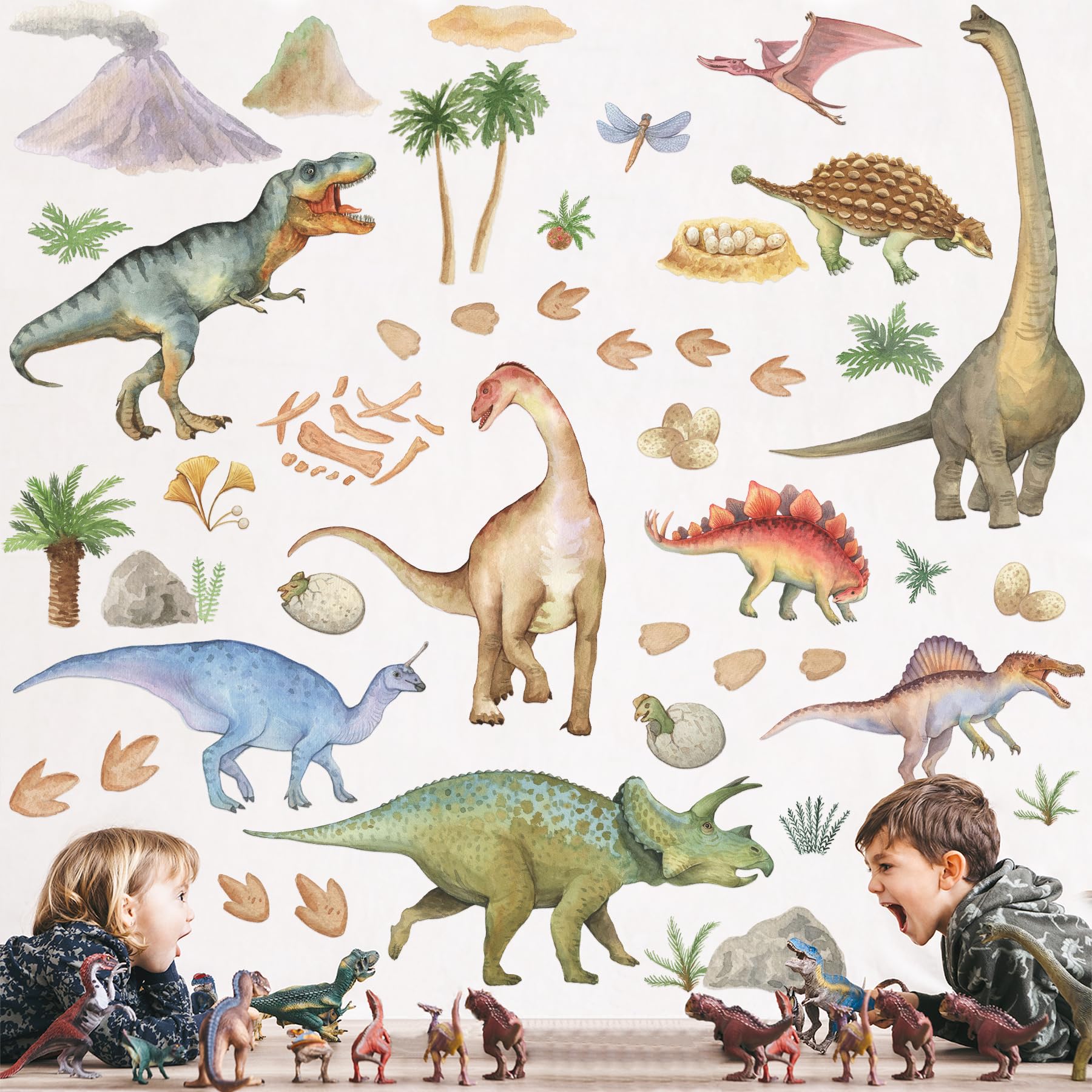 Watercolor Dinosaur Wall Stickers, Large Peel & Stick Dino Wall Decal Tropical Forest Dinosaur Clings for Baby Boy Girl Kids Nursery Bedroom Living Room Playroom Classroom Home Decor