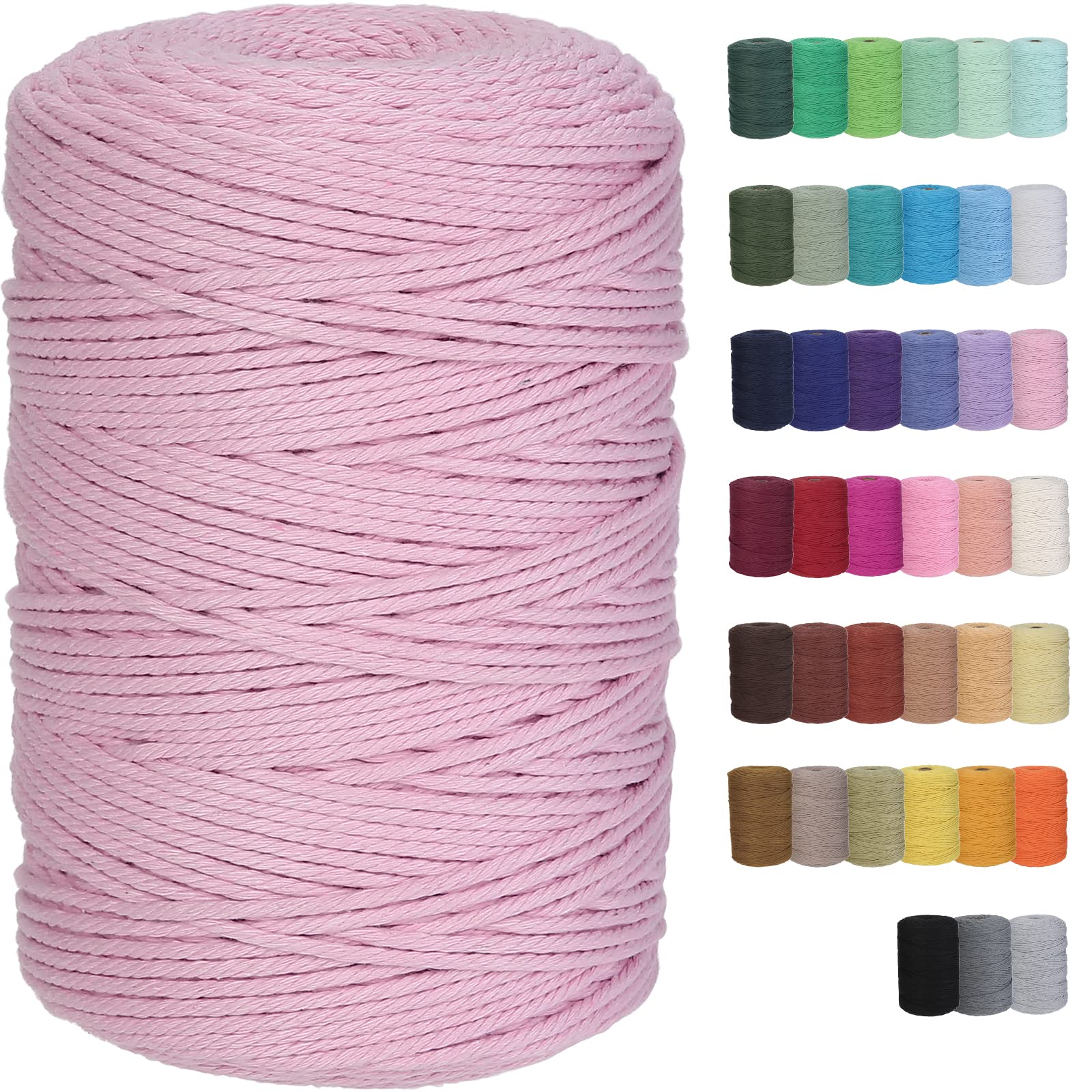 GOHOF Macrame Cord 3mm x 300m Premium Cotton Macrame Rope, 4 Strand Twisted Soft Cotton Cord, One of The Most Perfect Materials for Macrame Art, Cotton String Without Chemicals(Light Pink)