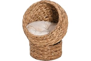 PawHut Handwoven Elevated Cat Bed with Soft Cushion & Cat Egg Chair Shape, Cat Basket Bed Kitty House with Stand, Raised Wicker Cat Bed for Indoor Cats, 23.5" H, Brown