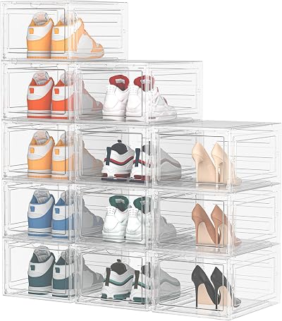 HOMIDEC 12 Pack Clear Shoe Boxes with Lids Stackable 34.5x27x19 cm