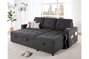 VanAcc Sofa Bed, Sleeper Sofa with USB Charging Ports, L-Shaped Couch with Storage, Pull Out Couch for Living Room, Grey Linen