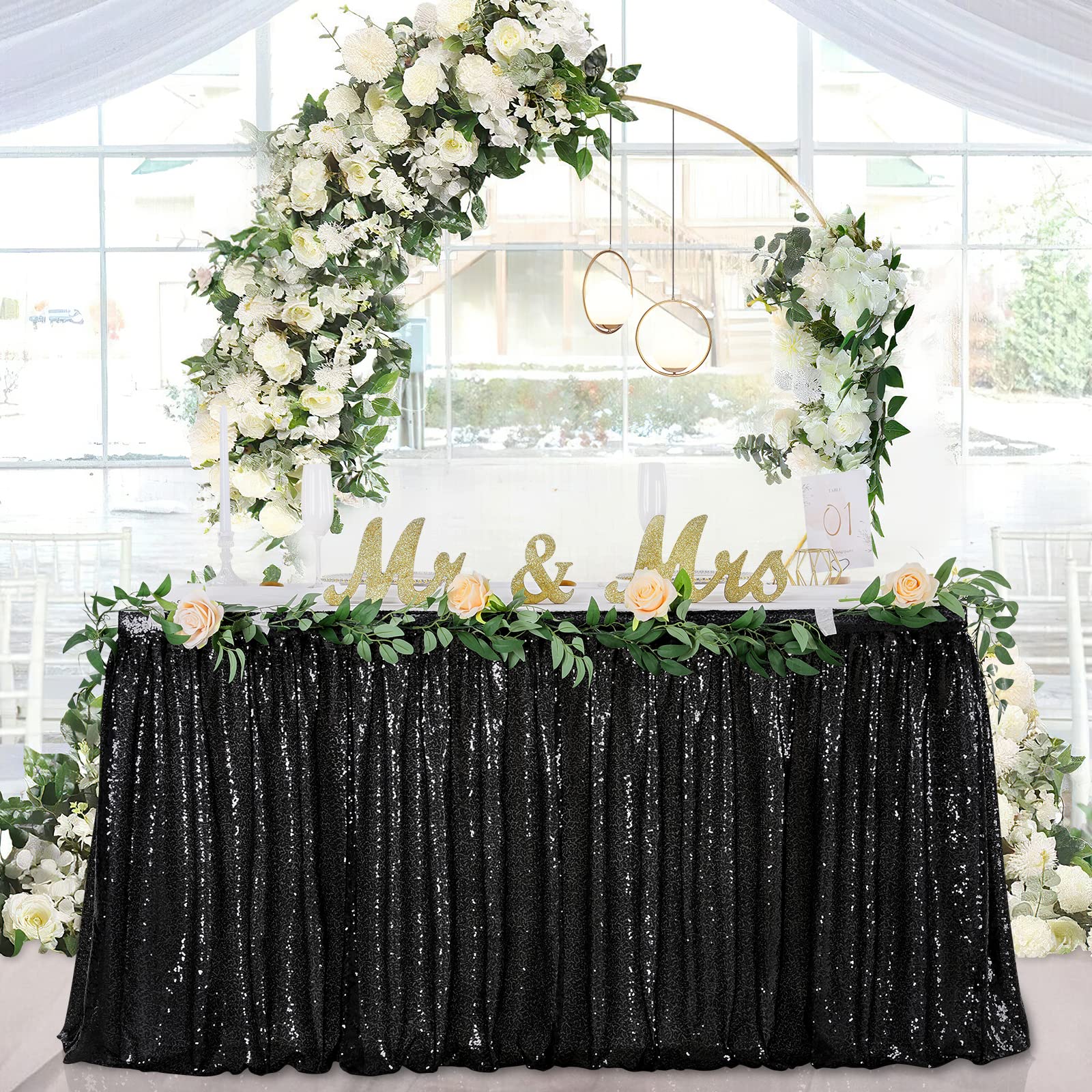 9ft Table Skirt Black Sequin Table Cloth for Round