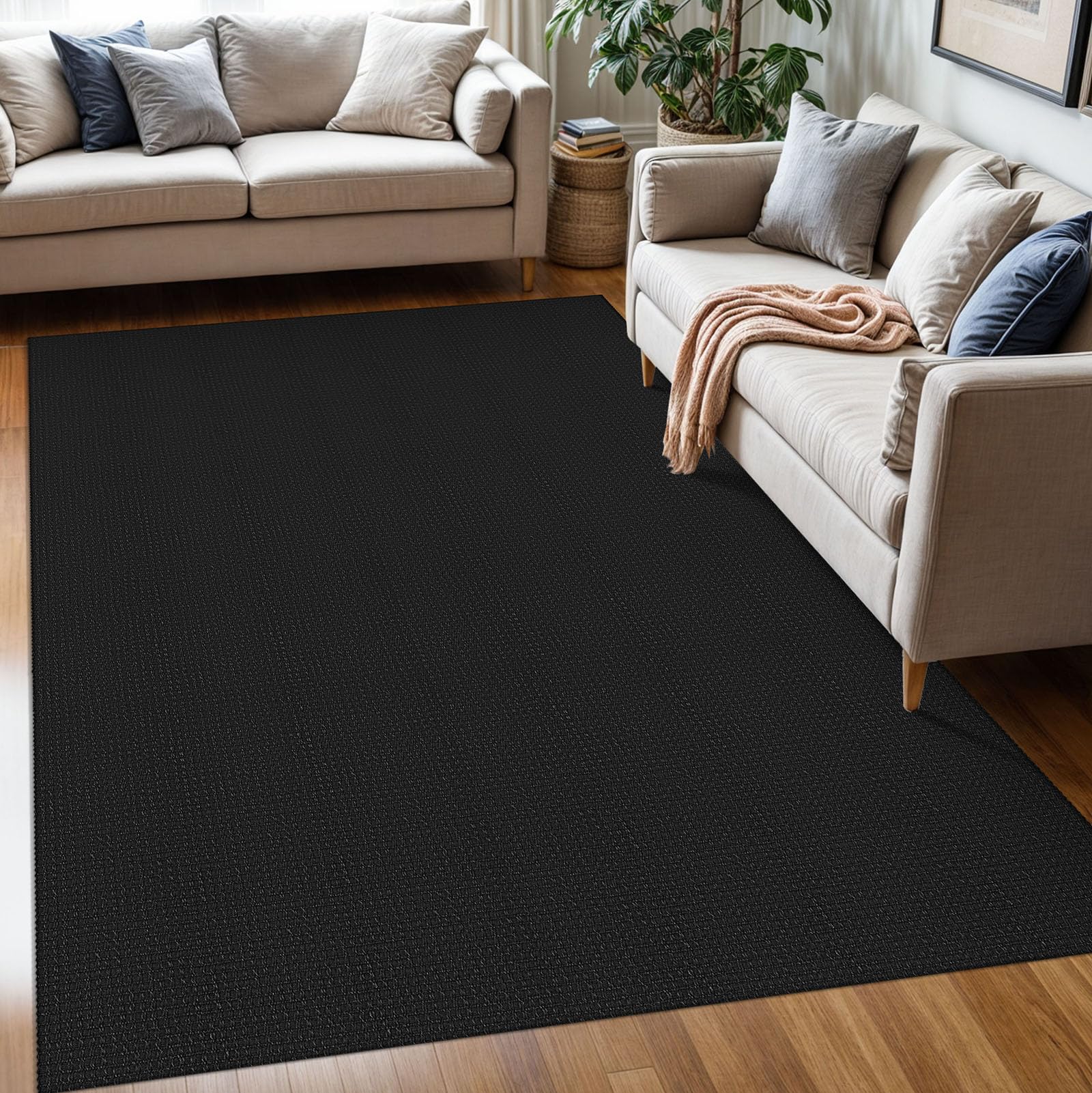Photo 1 of KOZYFLY Washable Area Rug 5x7 ft Rubber Backed Non Slip Rugs for Living Room Braided Cotton Bedroom Rug Woven Office Rugs Indoor Floor Carpets for Dining Bedroom Living Room, Black/Dark Grey