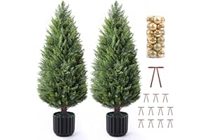 FOLIZEN 3FT Artificial Topiary Cedar Trees 2 Pack, Lush Thick Greenery UV Rated Artificial Plants for Outdoor Planters Decor, Realistic Fake Trees Indoor Garden