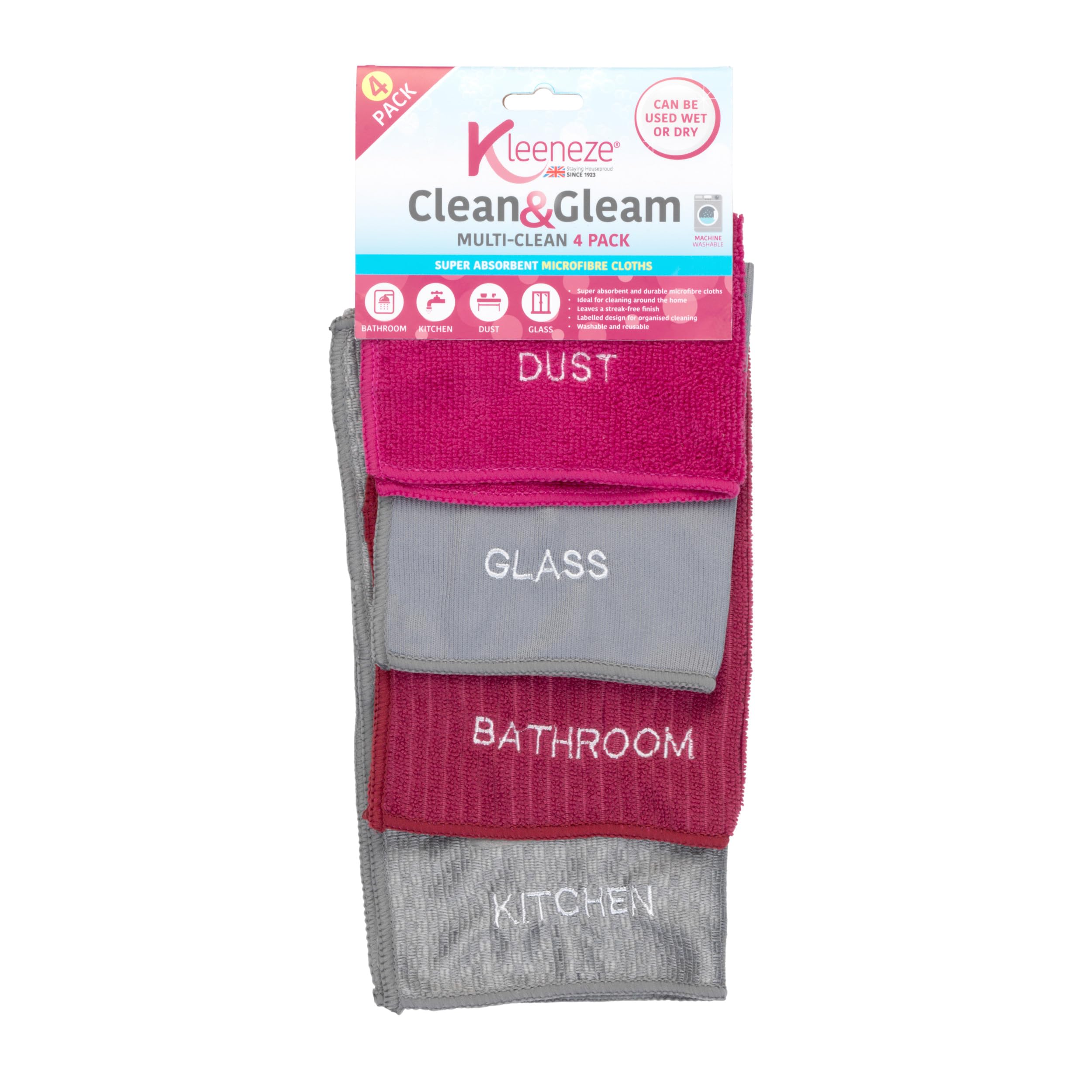 Kleeneze KL068118EU Super Absorbent Microfibre Cloths - Cleaning and Removing Bacteria, Pack of 4, Pink and Grey, Ideal for Dusting, Cleaning Glass, Bathrooms and Kitchens, Streak-Free, Washable