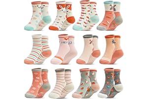 SkiBeaut Baby Toddlers Girls Socks, 12 Pairs Non Slip Kids Grips Toddler Grippy Girl House Socks with Grippers for 0-7 Years