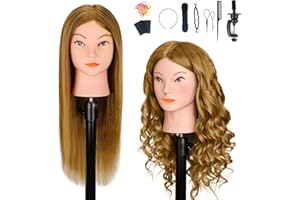 Mannequin Head with 100% Human Hair, MYSWEETY Doll Head for Hair Styling, Manikin Head Cosmetology Makeup Hairdressing Training Head with Clamp Holder and Tools(18" Brown, Makeup)