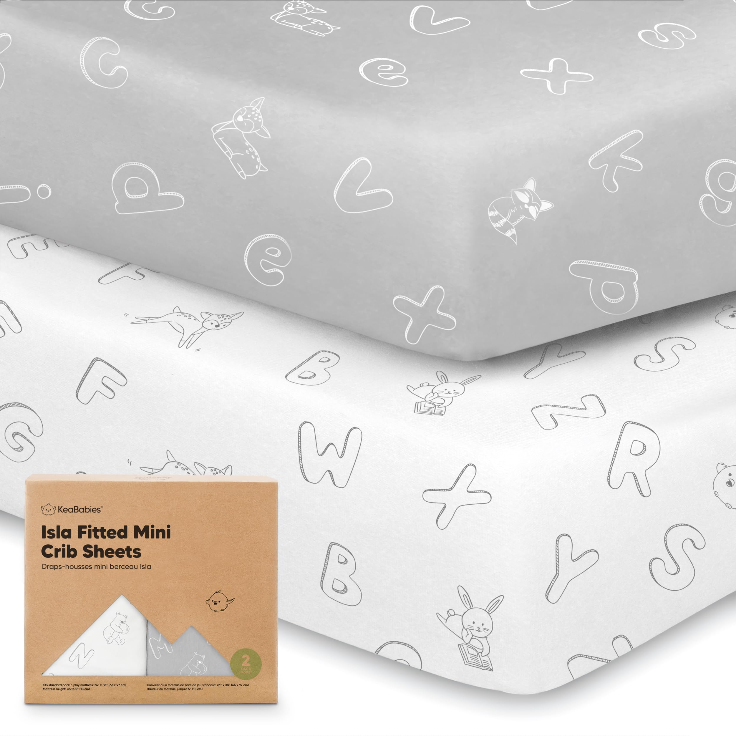 Photo 1 of Pack and Play Sheets Fitted - 2-Pack Mini Crib Sheets for Pack N Play Mattress 38x26, Soft & Cozy, Neutral Toddler Playard Bedding, Snug Fitted Mini Baby Crib Mattress Cover Boy, Girl (ABC Land)