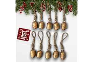 Mie Creations Set of 10 Rustic Vintage Cow Bells, Handmade Christmas Bells on Jute Rope, Decorative Christmas Tree Ornaments for Crafts, 2 in Jingle Bells, Metal Hanging Wreath Cowbells- Antique Gold