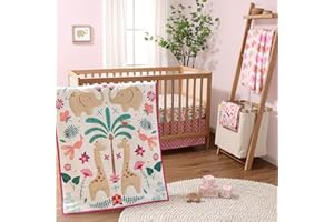 The Peanutshell 5 Piece Baby Crib Bedding Set for Girls - Newborn, Infant & Toddler Nursery Bed Set Decor with Fitted Crib Sheets, Blanket, Dust Ruffle Comforter - Bright Safari
