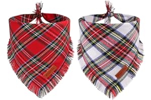 PTDECOR Christmas Dog Bandanas with Tassels Edges, Stylish Red White Plaid Scarf Bib, Premium Cotton Fabric, Reversible Triangle Xmas Bandanas for Medium Large Dogs Pets (Large)