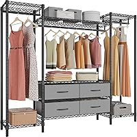 VIPEK V20 Wire Garment Rack Heavy Duty Clothes Rack, Metal Clothing Rack with 6 Shelves, 3 Hang Rods & 4 Fabric Drawers, Compact Wardrobe Closet, 56.7