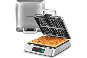 Waffle Maker, Roter Mond Belgian Waffle Maker, 4 Slice Square Stainless Steel Waffle Maker, Non-Stick Surface for Easy Cleaning for Family Use Breakfast, Save Space for Storage,1300W, Silver