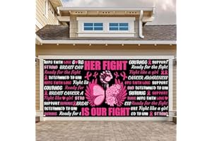 Avezano Breast Cancer Awareness Garage Door Banner 6x13Ft Her Fight is Our Fight October Breast Cancer Decoration Pink Ribbon Butterfly Powerful Fist Backdrop Outdoor Decor (157.48" L x 72.83" W)