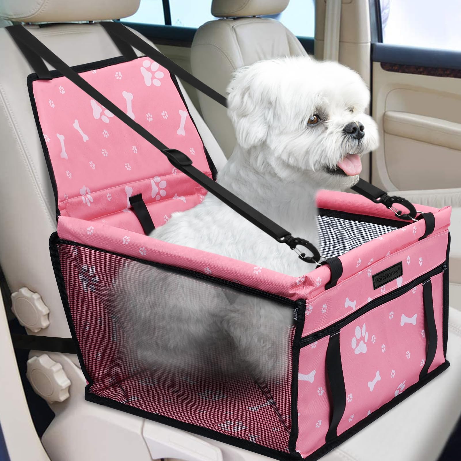 Photo 1 of PetsHome Dog Car Seat Foldable Dog Car Booster Seat Waterproof Breathable Oxford Travel Bag for Small to Medium Dogs, Puppies, and Pets-Pattern Pink