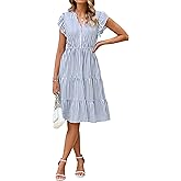 Glamaker Floral Tiered Midi Sundress Casual Summer V Neck Flutter Sleeve Striped Sun Dress with Pockets