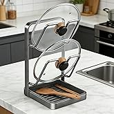 GROTOLY 2026 Kitchen Pot Lid Storage Rack,Double-Layer Pot Lid Holder With Tray,Multifunctional Kitchen Pot Lid Organizer for Countertop