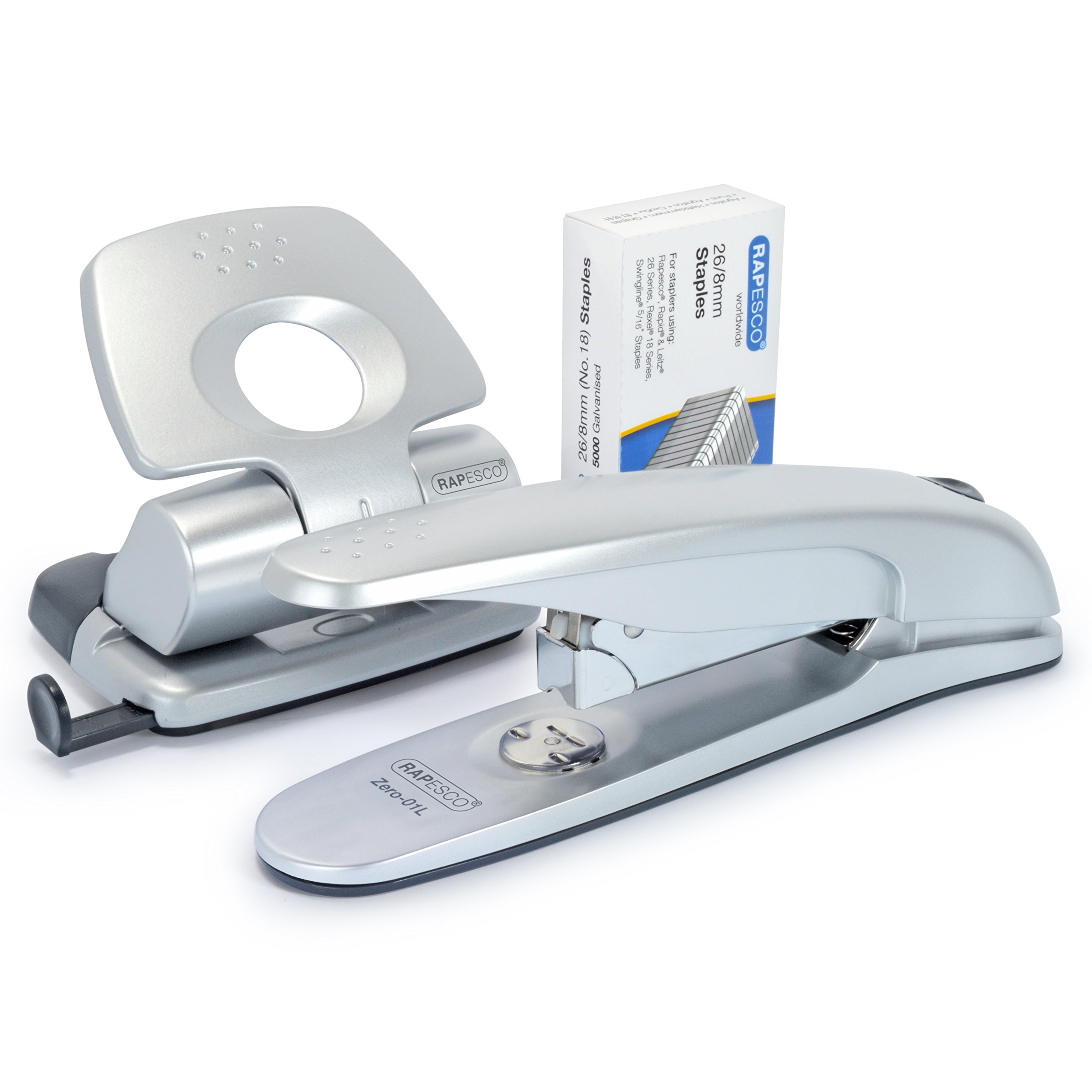 Rapesco 1282 Zero-20 Hole Punch Set, Zero-01L Stapler and 5000 Staples Set, Silver