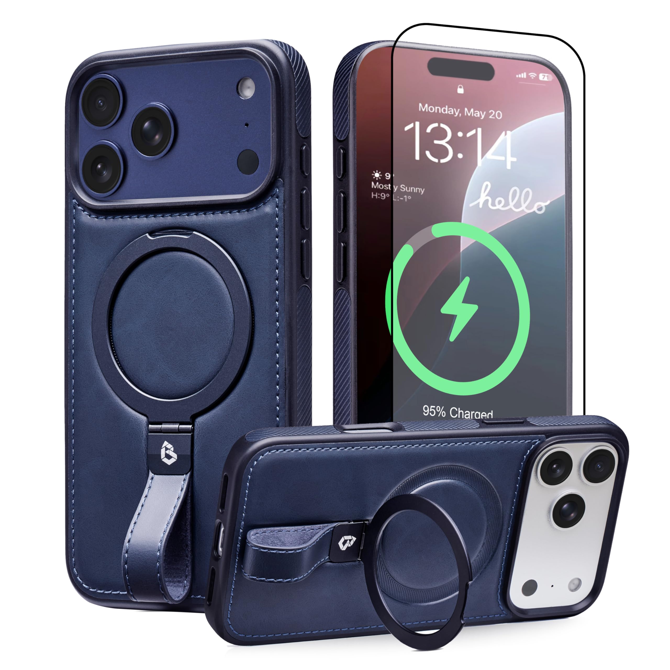 Photo 1 of BUTAIGA for iPhone 17 Pro Case Leather | iPhone 17 Pro Leather Case with Stand | Compatible with MagSafe with Magnetic Ring Grip Holder (Blue, IP17 Pro-6.3inch)
