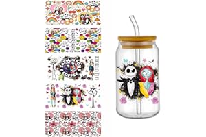 PEVOGON 5 Sheet UV DTF Cup Wrap Transfer Stickers for Glass, Jack and Sally Rub on Transfers Decal for 16OZ Glass Cups Furniture Wood Craft