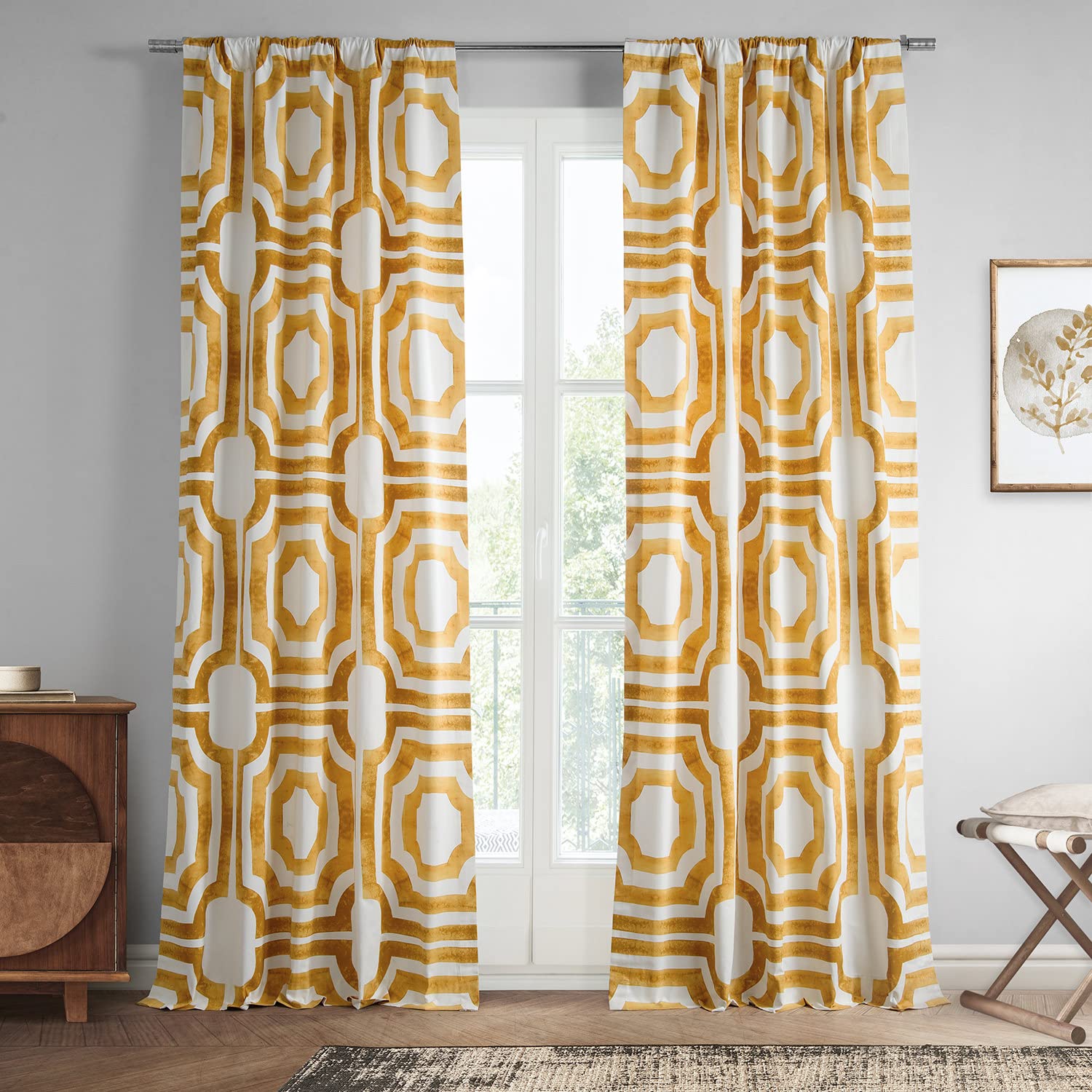 HPD Half Price Drapes Geometric Printed Curtains 120 Inches Long Luxury Cotton Curtains (1 Panel) Room Darkening Window Curtains for Bedroom & Living Room, 50W x 120L, Mecca Geometric Gold Image