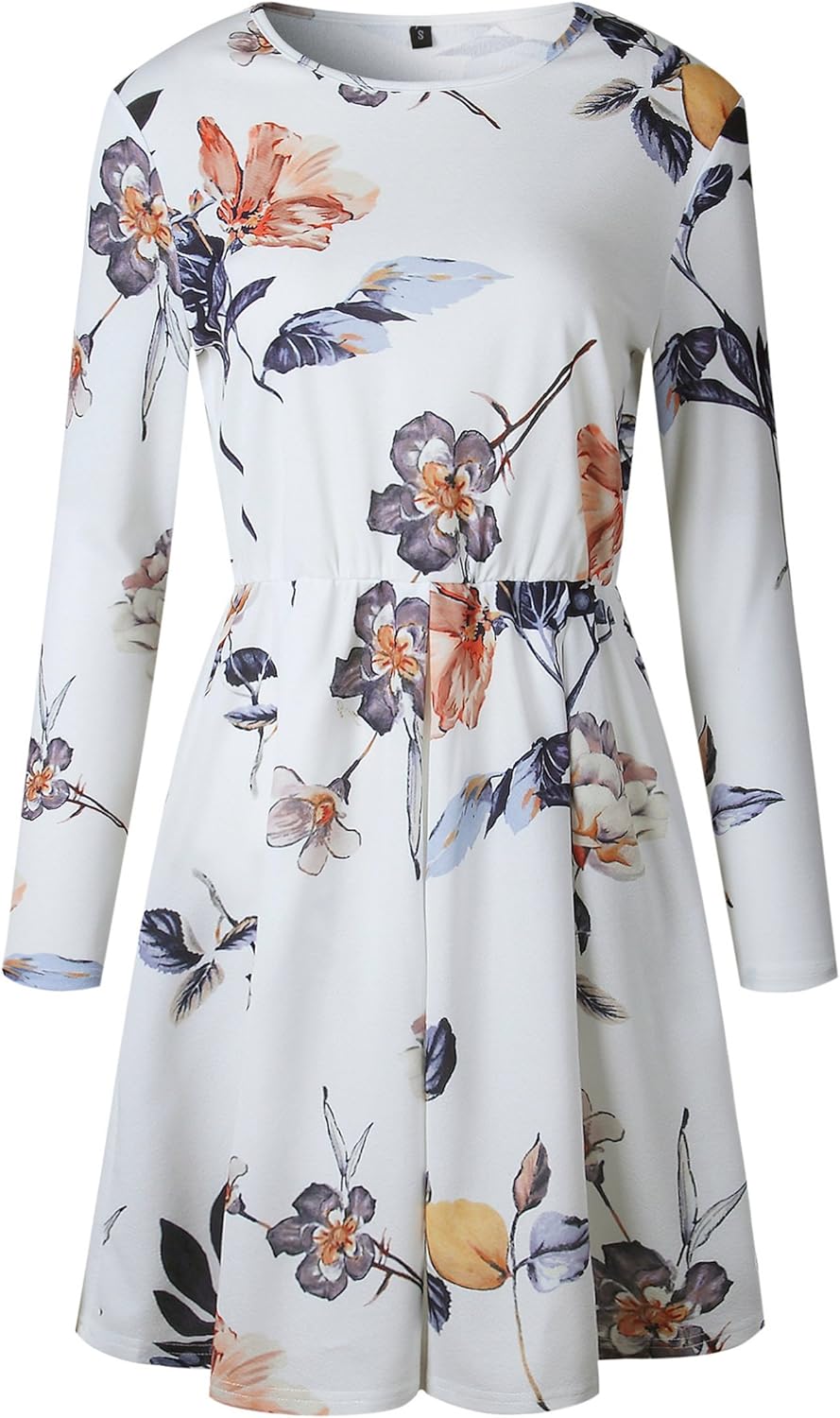 Angashion Womens Dresses Casual Floral Print Long Sleeve Swing Pleated Skater A Line Mini Dress at  Women’s Clothing store