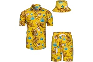 TUNEVUSE Mens Hawaiian Shirts and Shorts Set 2 Pieces Tropical Outfit Flower Print Button Down Beach Suit with Bucket Hats