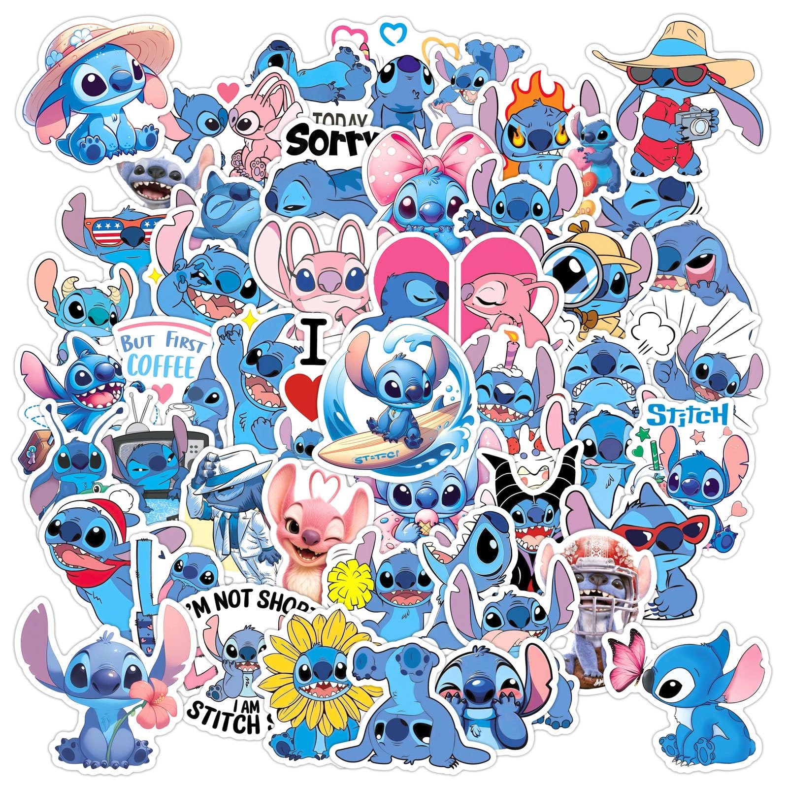 50Pcs Cute Stitch Stickers Pack,Cartoon Vinyl Waterproof Stitch Stickers for Water Bottles, Laptops, Skateboards, Luggage, Ph