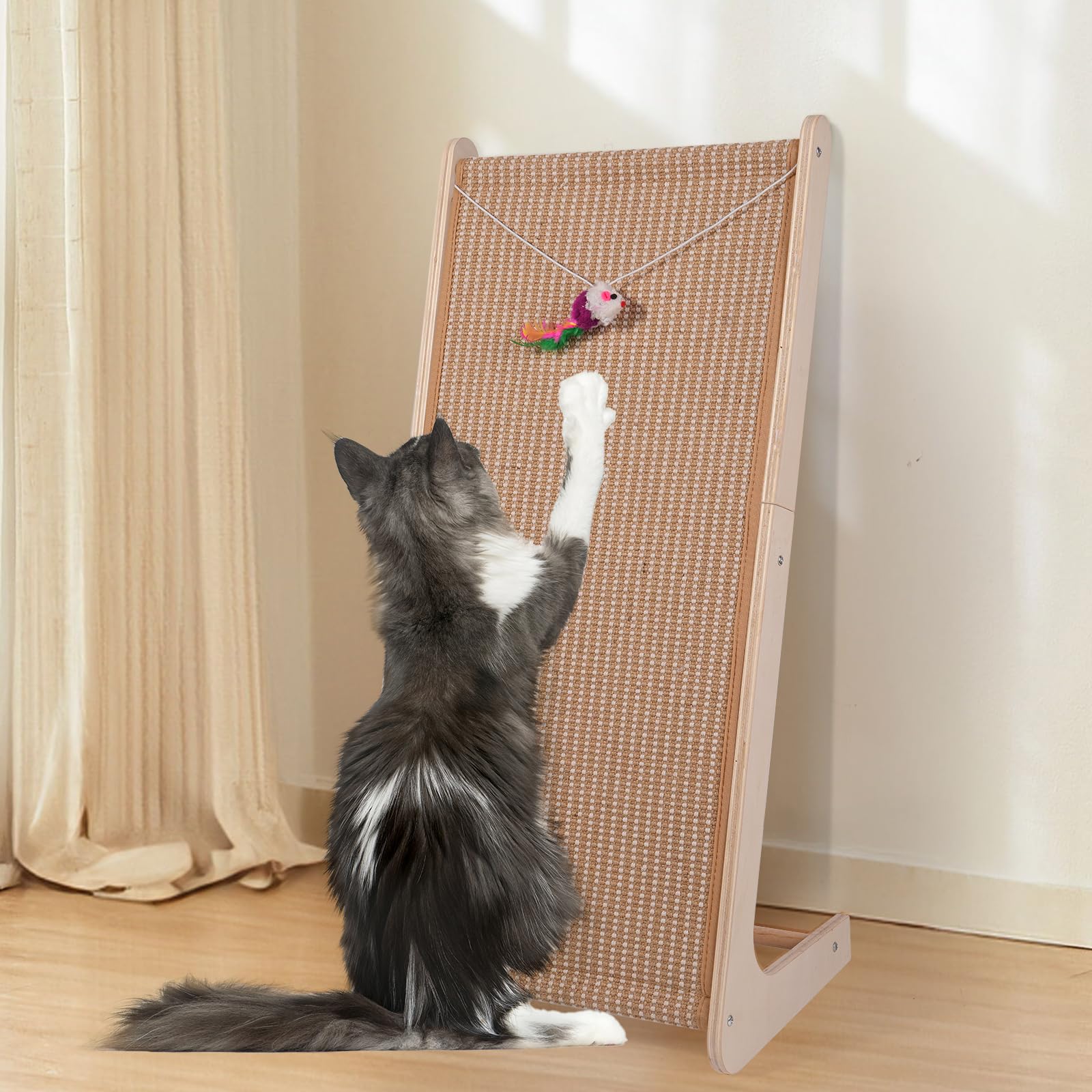 Photo 1 of Sisal Cat Scratchers for Indoor Cats, 26.8'' L-Shape Cat Scratching Board, Large Cats Scratching Posts to Protect Furniture, Solid Wooden Cats Scratch Pad with Mouse Toy (Ramp Scratcher)