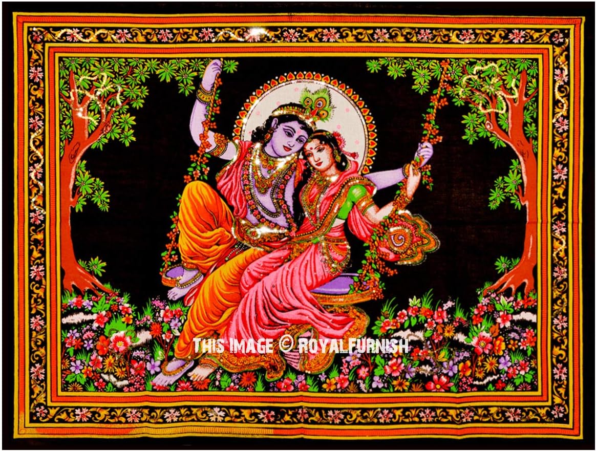 Small Wall Poster Bohemian Decorative Wall Art Throw Good Luck Wall Hanging Throw Dorm Cotton Wall Hanging (30x40 Inch, Radhe Krishna)