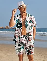 COOFANDY Mens Hawaiian Floral Set Tropical Button