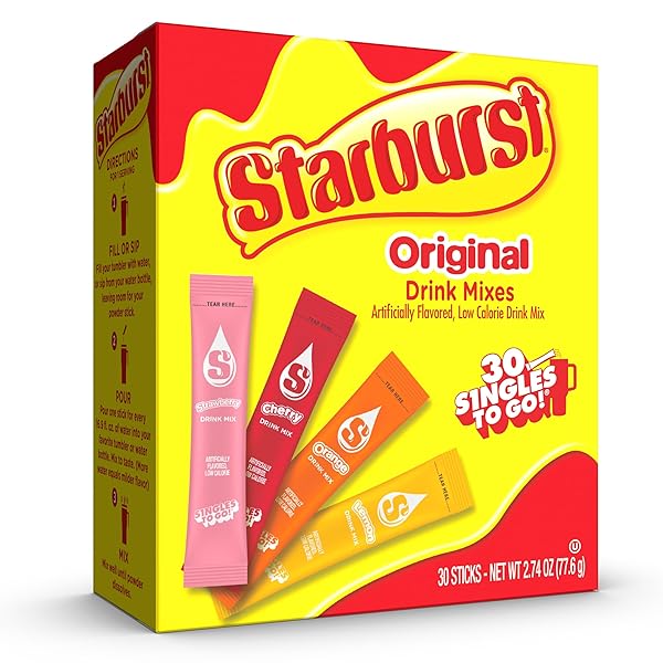 STARBURST SINGLES TO GO VARIETY PACK, WATERTOK POWDERED DRINK MIX, INCLUDES 4 FLAVORS, STRAWBERRY, CHERRY, ORANGE AND LEMON 1 BOX (30 SERVINGS)