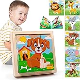 PLUSYARD Wooden Animals Block Puzzles for Kids, Ages 2-4, 6-in-1 Montessori Educational Toys with Book, Jigsaw Puzzles for Preschool Learning, Rubber Wood, Cube, 6 Pieces, 3.5" x 3.5" x 1.3"