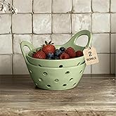 SEICASAYA Ceramic Berry Basket Colander Strainer Set of 2 with Comfort Handles for Washing and Serving Fruits (Green)