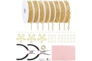 Fesorsi Gold Chain for Jewelry Making, 65ft 8 Style Steel Jewelry Chain, Electroplating Process, for DIY Necklace Chains, Tassel Pendants, with Jump Ring, Lobster Clasp, Pliers