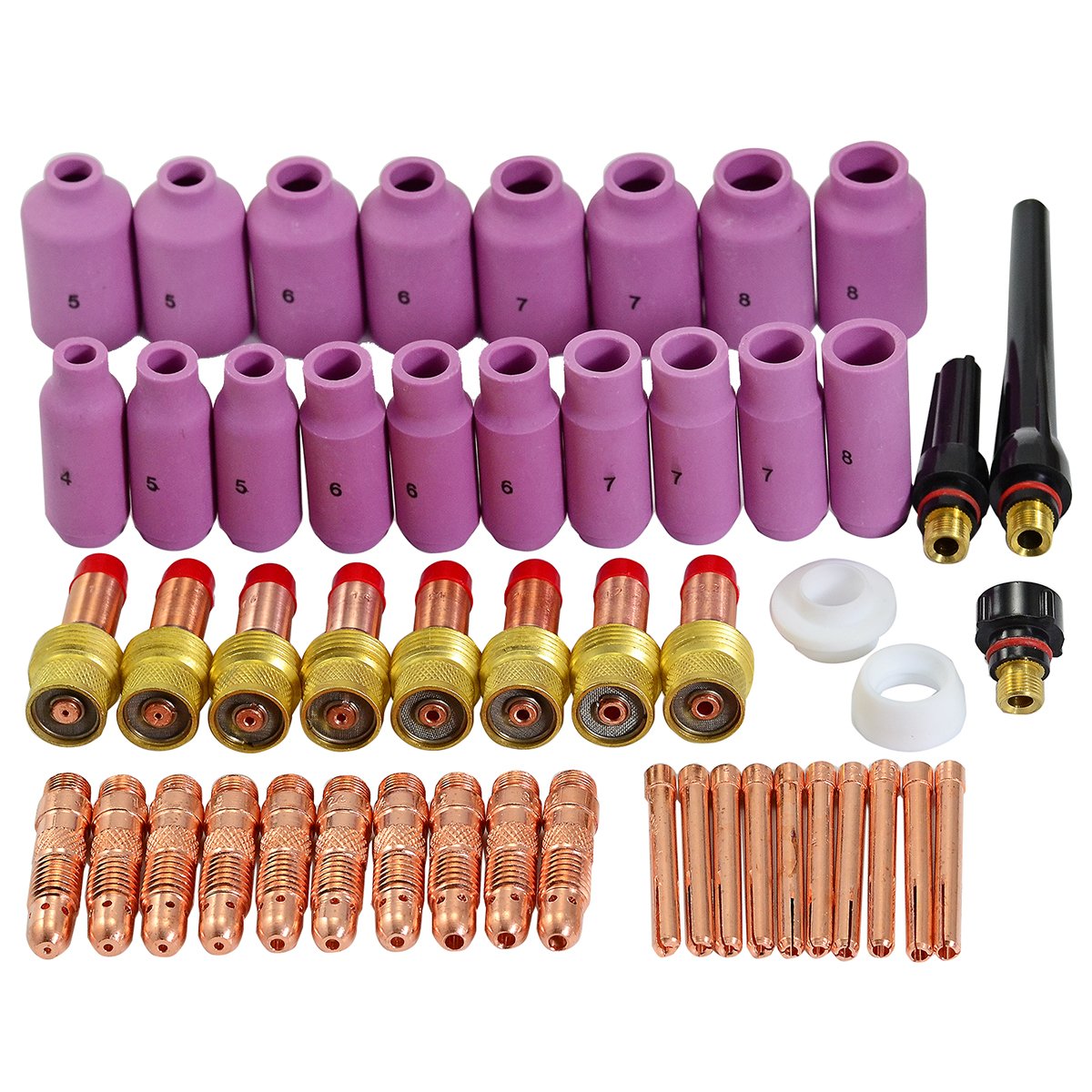 RIVERWELD TIG Gas Lens Collet Bodies 45V 10N Alumina Nozzle Ceramic Cups 10N 54N Large Diameter TIG Back caps 57Y Series Assort Size Kit Fit QQ300 PTA DB SR WP 17 18 26 TIG Welding Torch 51pcs