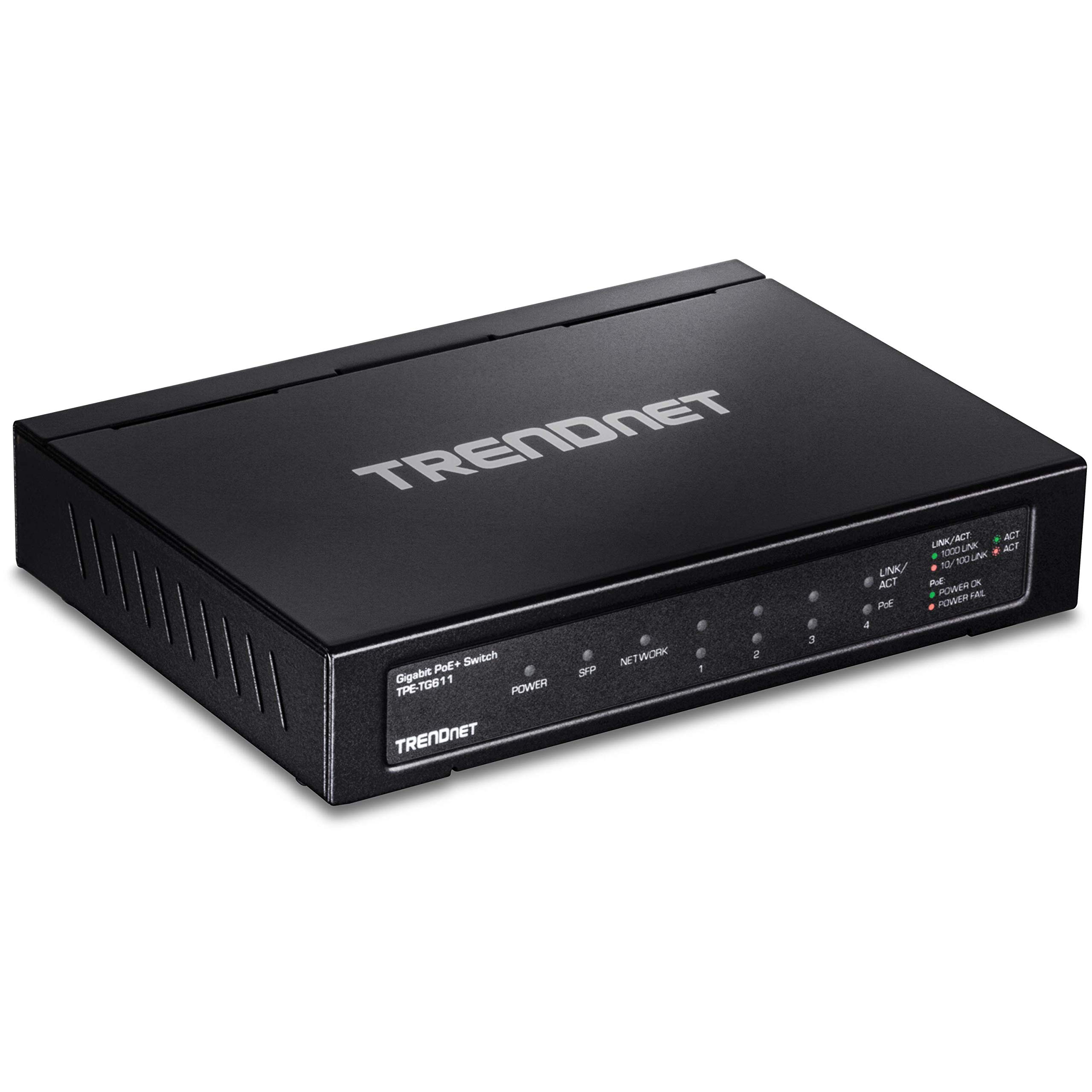 TRENDnet TPE-TG611 6 Port Gigabit Poe+ Switch, 4 Gigabit Poe+ Ports, 1 Gigabit Port, 1 SFP Slot, Supports 100/1000Base FX Fiber Optic SFP Module