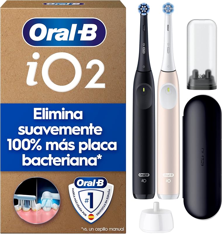 Oral-B iO 2 Pack de 2 Escovas de Dentes Elétricas Night Black e Soft Pink, 2 Cabeças, 1 Estojo de Viagem, 1 Suporte de Recarga, 3 Modos de Escovagem, Sensor de Pressão e Temporizador