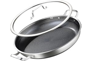 DELARLO Nonstick Paella Pan With Lid 14 Inch, Tri-Ply Stainless Steel Large Skillet, Everyday Pan, Fast & Even Heating Induct