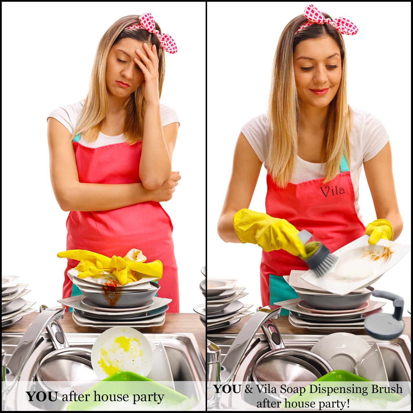 Soap Dispensing Palm Brush by Vila – Tough on Scrubbing Grease Away - Keeps Your Kitchen Counter Tidy - Makes Dishwashing an Enjoyable, Relaxing Chore - Comfortable & Stress-Free dishwashing