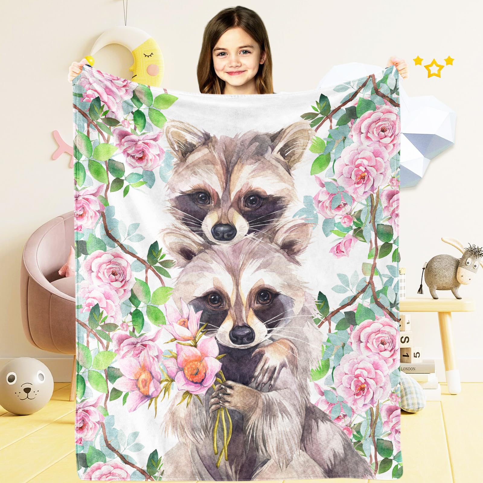Raccoon Flowers Cow Throw Blanket Gifts for Girls, Watercolor Cute Raccoon Floral Soft Cozy Plush Flannel Blanket for Raccoon Lover, 100x130 cm Raccoon Fleece Fluffy Blanket for Kids Toddler Couch — image 1