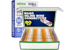 NEW AGE AMERICA WAGO 221-2401 80pc Inline Compact Splicing Wire Connectors | Includes 80pc 221-2401 (2 Conductor) | WAGO Wire Connectors | 221 Straight Inline Splice | Straight Electrical Lever Nuts | (2-Port)