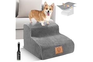 KPHICO High Density Foam Pet Stairs,Non-Slip Dog Stairs 2 Tiers,11.8" High Pet Ladder/Ramp with Removable Cover,Help Injured Dogs Get On and Off The Couch Easily-Send a Pet Hair Remover Roller(Gray)