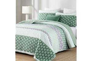 COTTOLESTER Boho Quilt Set Queen Size Sage Green Bohemian Quilt Bedding Set Striped Lightweight Summer Bedspread Coverlet Bedding Set 96"x90" (3 Pieces)